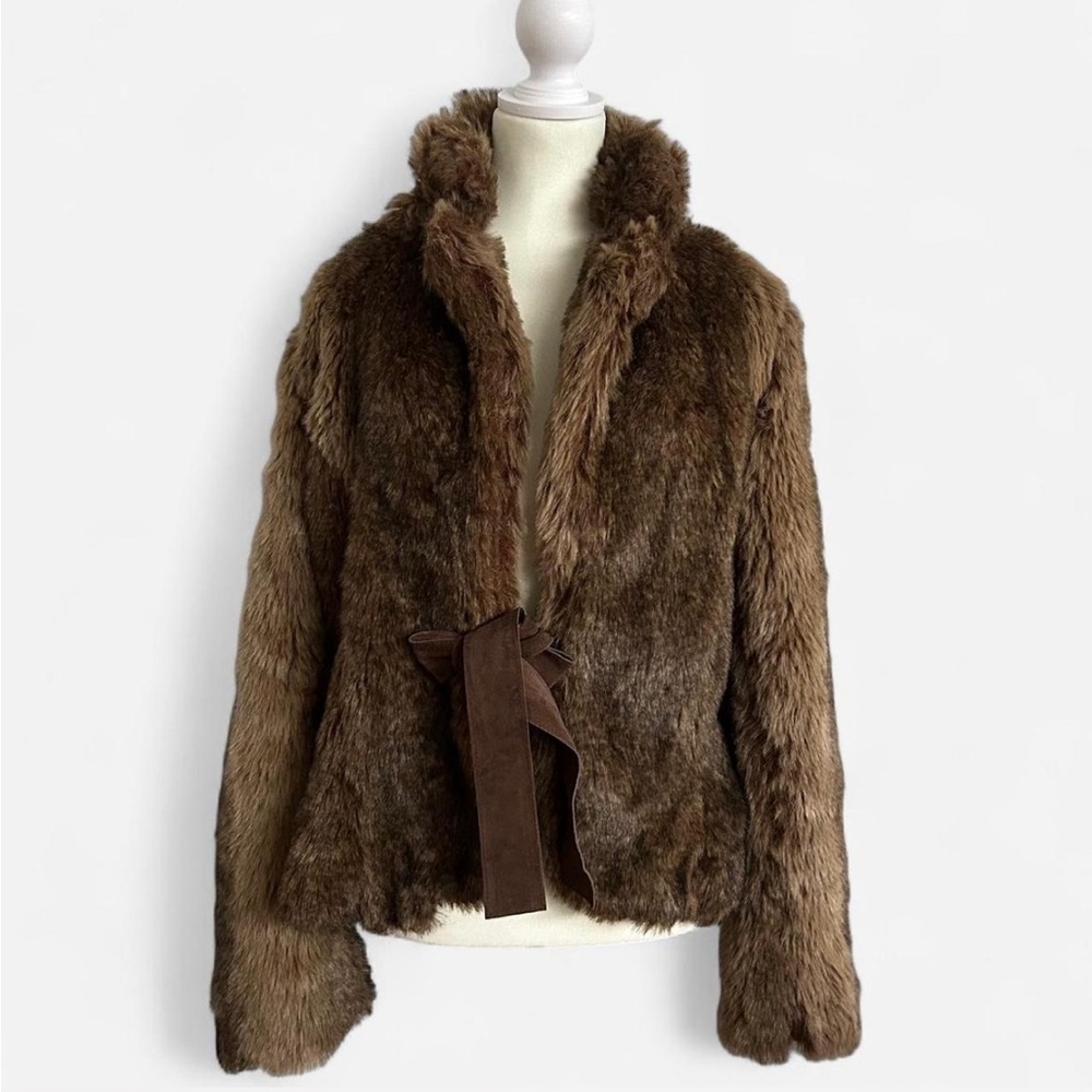 Brown Faux Fur Jacket with Ribbon Tie – Y2K🐻